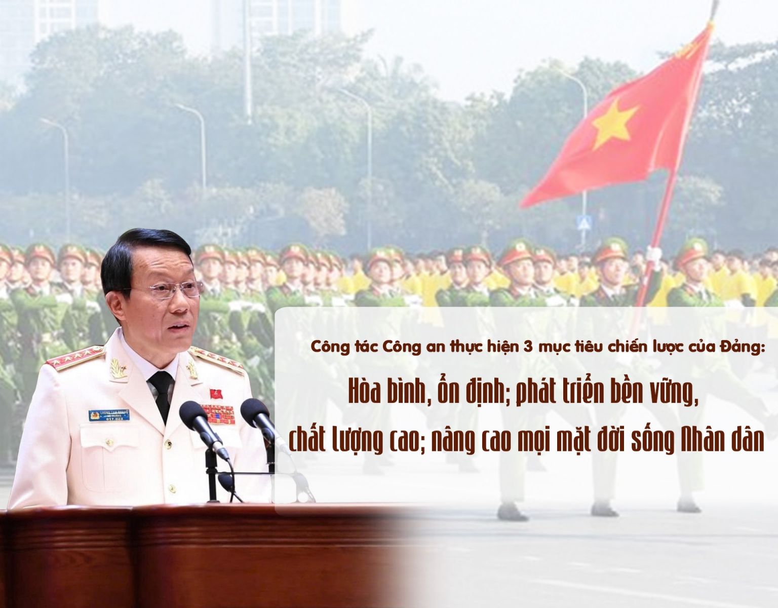 Công tác Công an thực hiện 3 mục tiêu chiến lược của Đảng: Hòa bình, ổn định; phát triển bền vững, chất lượng cao; nâng cao mọi mặt đời sống của Nhân dân