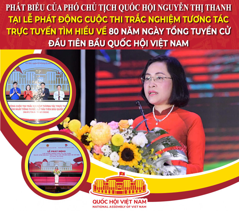 Phát biểu của Phó Chủ tịch Quốc hội Nguyễn Thị Thanh tại Lễ phát động Cuộc thi trắc nghiệm tương tác trực tuyến tìm hiểu 80 năm Ngày Tổng tuyển cử đầu tiên bầu Quốc hội Việt Nam